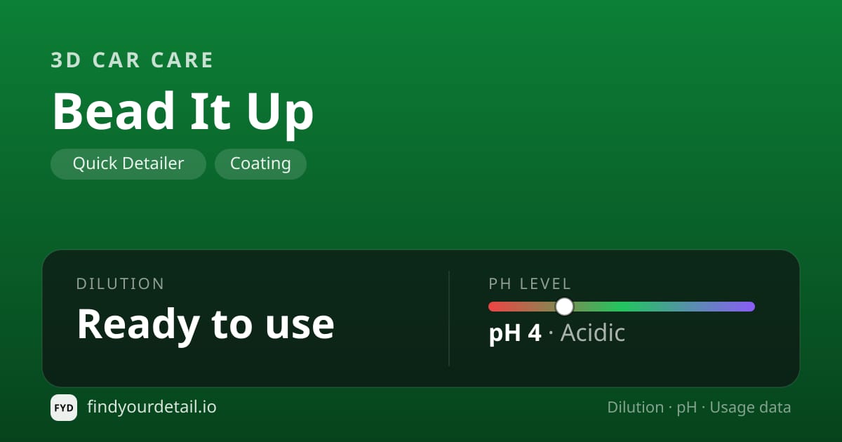 3D Car Care Bead It Up dilution ratio and pH specification chart