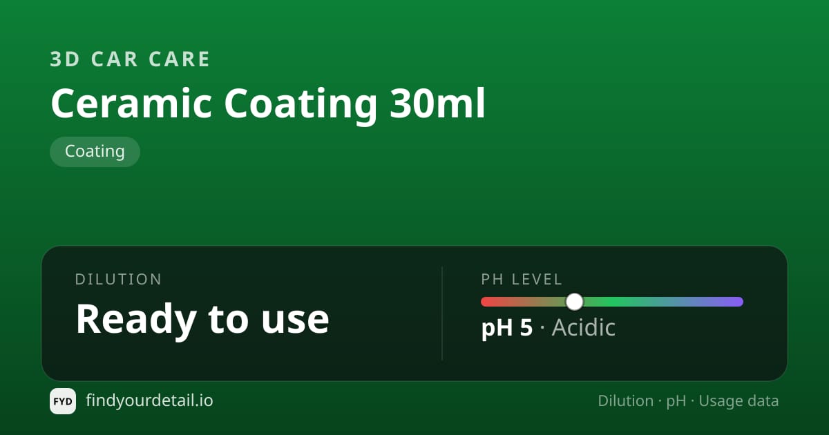 3D Car Care Ceramic Coating 30ml dilution ratio and pH specification chart