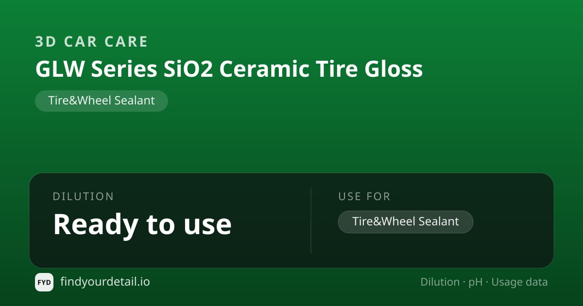 3D Car Care GLW Series SiO2 Ceramic Tire Gloss dilution ratio and pH specification chart
