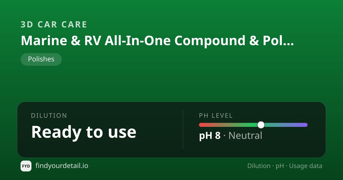 3D Car Care Marine & RV All-In-One Compound & Polish dilution ratio and pH specification chart
