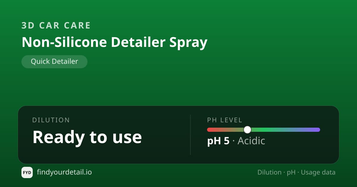 3D Car Care Non-Silicone Detailer Spray dilution ratio and pH specification chart