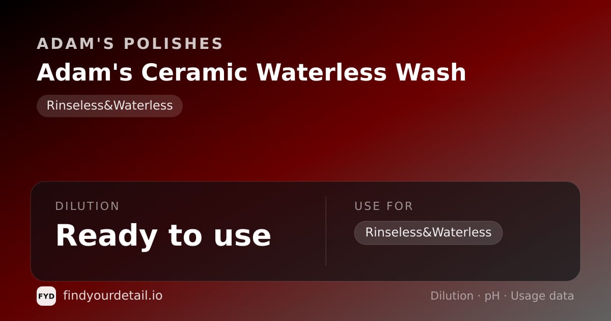 Adam's Polishes Adam's Ceramic Waterless Wash dilution ratio and pH specification chart