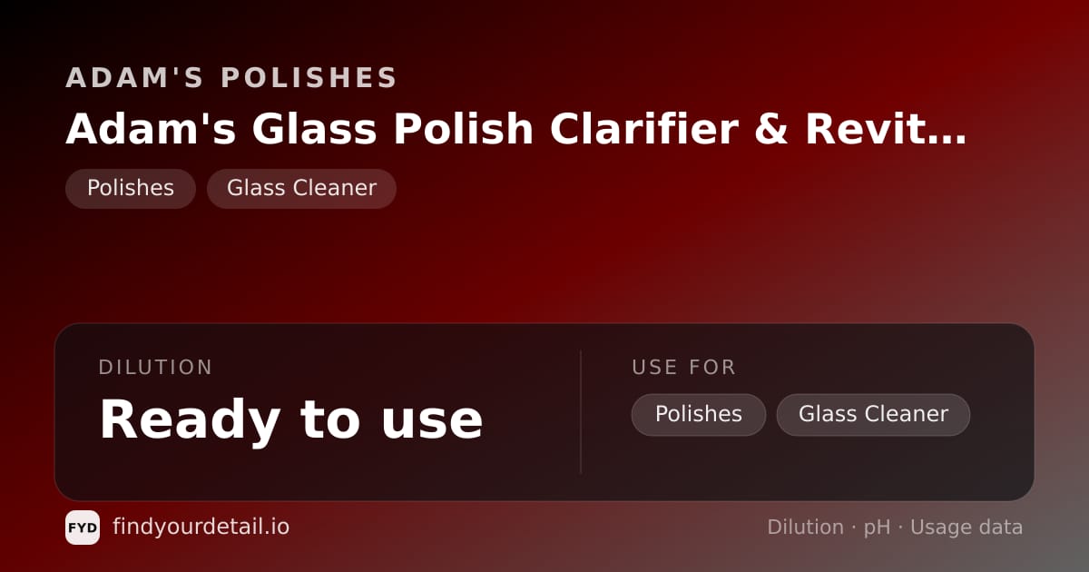 Adam's Polishes Adam's Glass Polish Clarifier & Revitalizer dilution ratio and pH specification chart