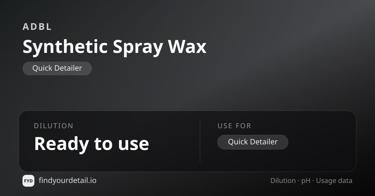 ADBL Synthetic Spray Wax dilution ratio and pH specification chart