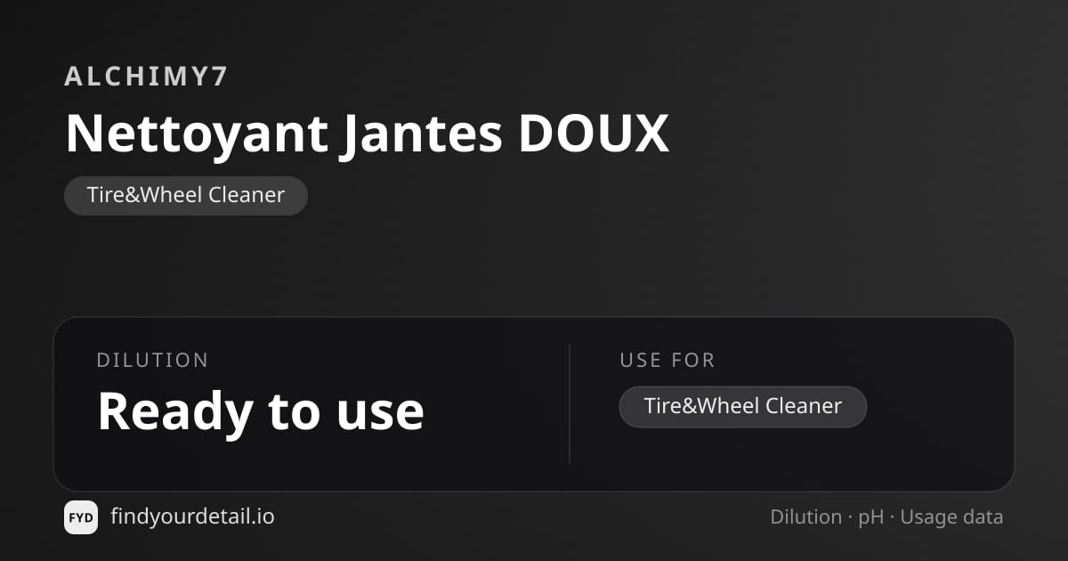 Alchimy7 Nettoyant Jantes DOUX dilution ratio and pH specification chart