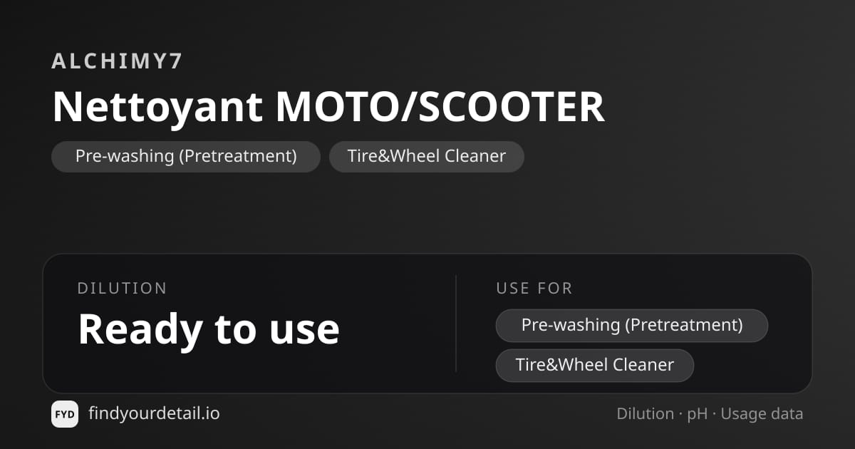 Alchimy7 Moto/Scooter Cleaner dilution ratio and pH specification chart