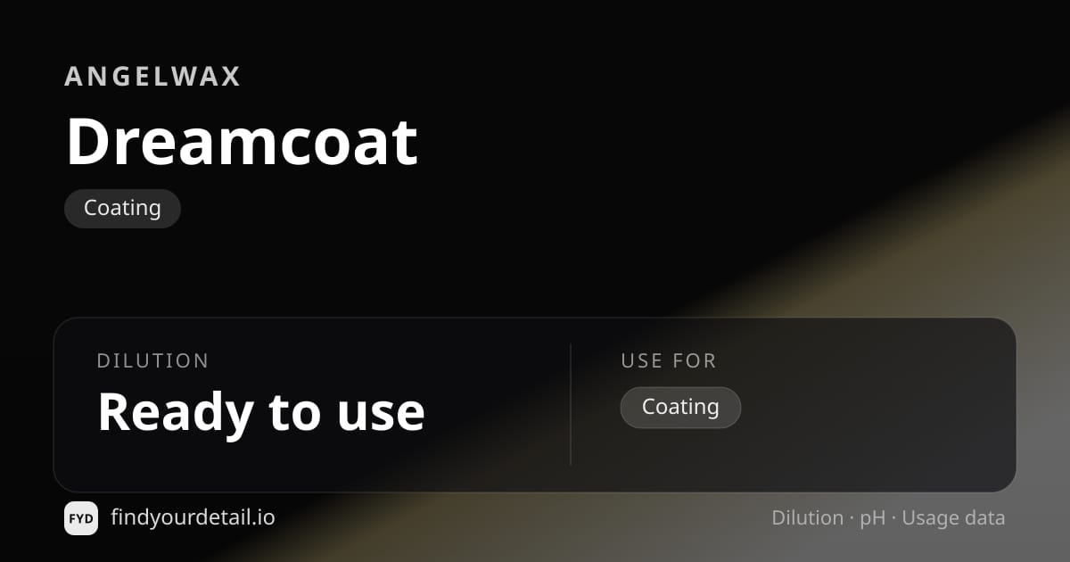 Angelwax Dreamcoat dilution ratio and pH specification chart