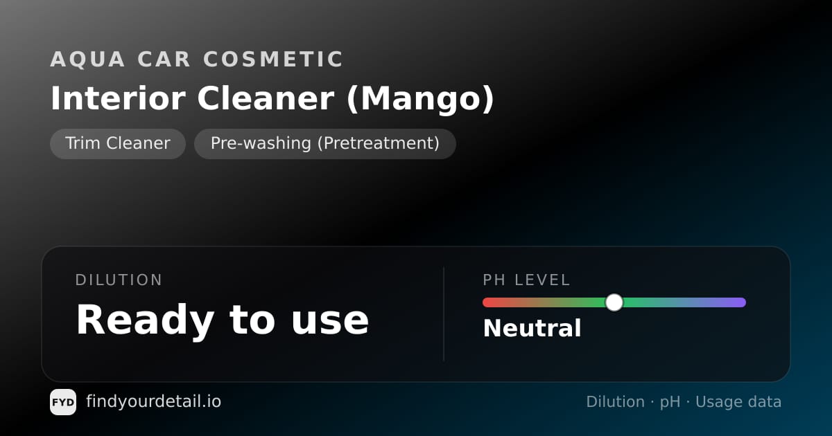 Aqua Car Cosmetic Interior Cleaner (Mango) dilution ratio and pH specification chart