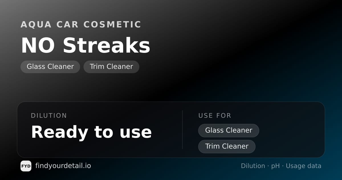 Aqua Car Cosmetic NO Streaks dilution ratio and pH specification chart