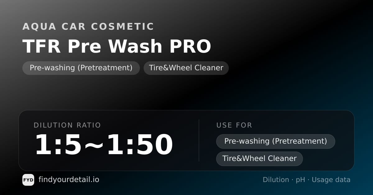 Aqua Car Cosmetic TFR Pre Wash PRO dilution ratio and pH specification chart