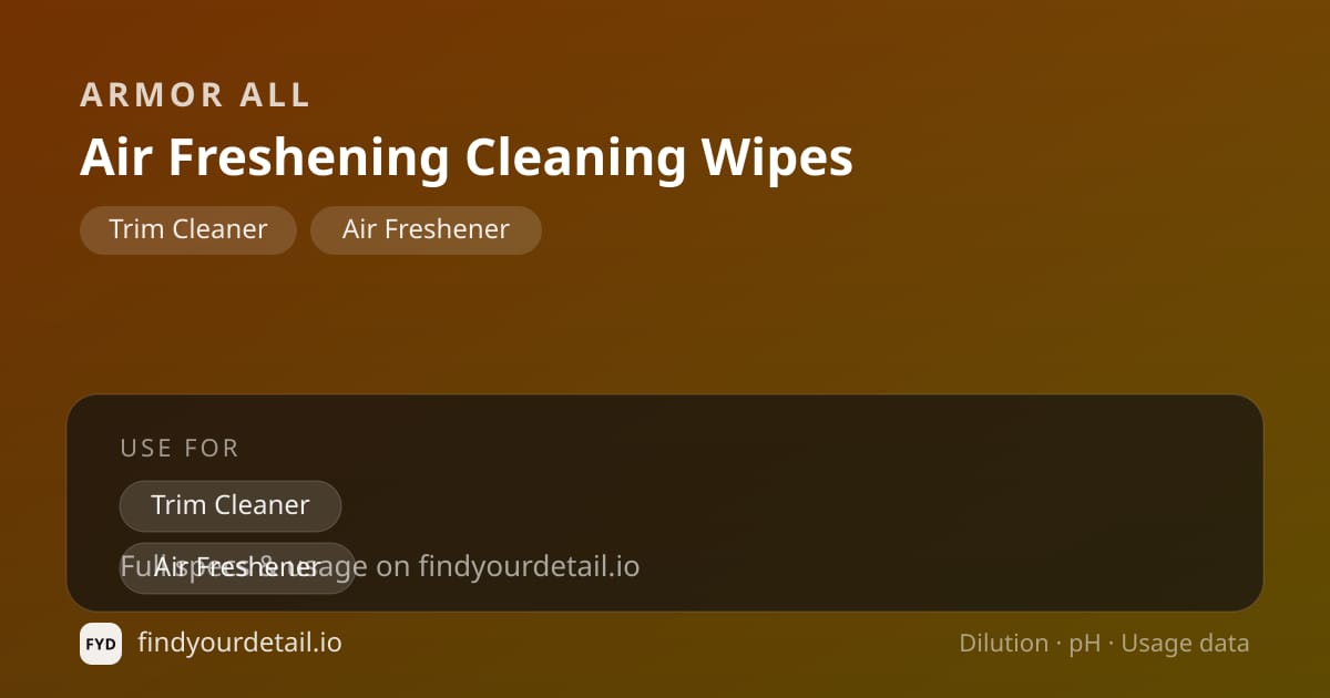 Armor All Air Freshening Cleaning Wipes dilution ratio and pH specification chart