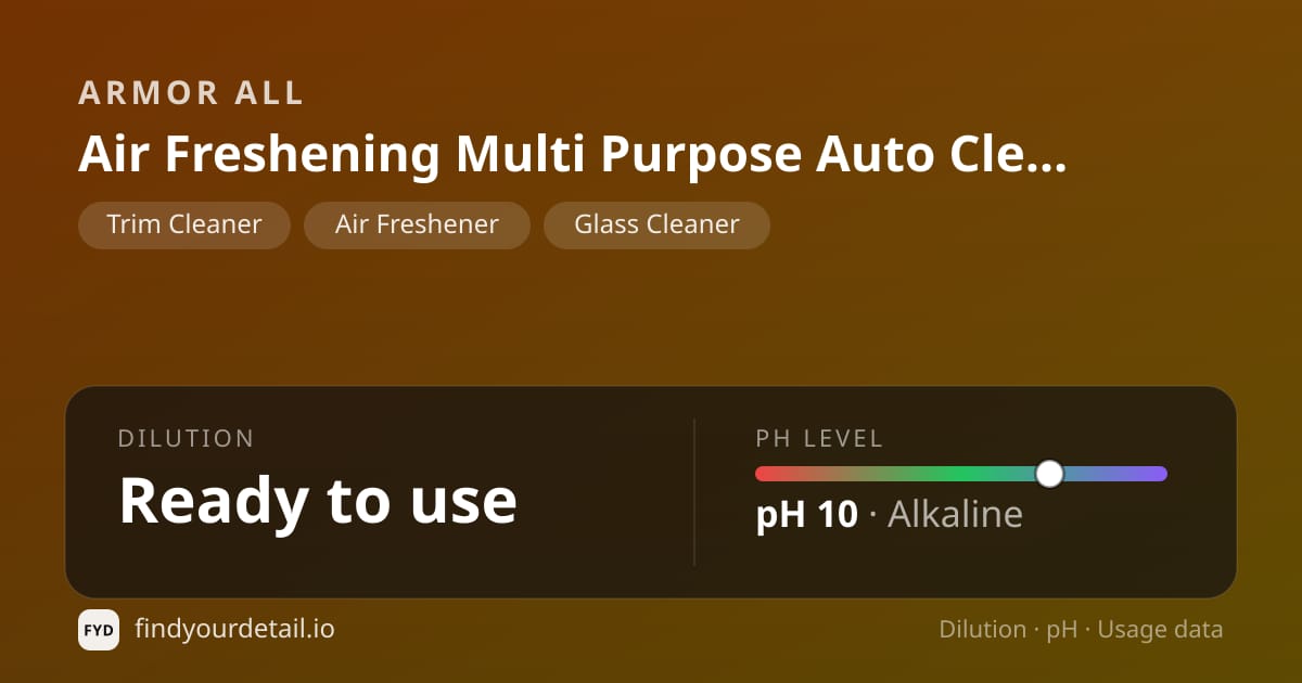 Armor All Air Freshening Multi Purpose Auto Cleaner dilution ratio and pH specification chart