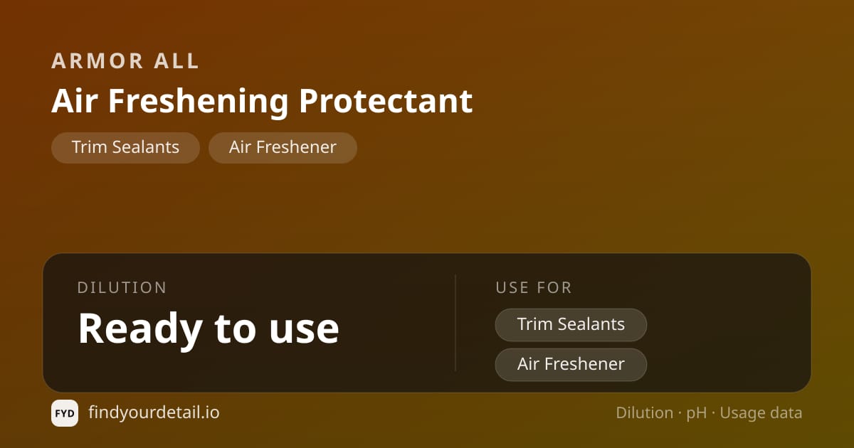 Armor All Air Freshening Protectant dilution ratio and pH specification chart