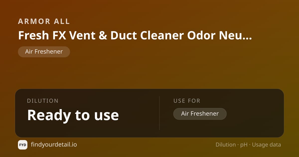 Armor All Fresh FX Vent & Duct Cleaner Odor Neutralizer dilution ratio and pH specification chart