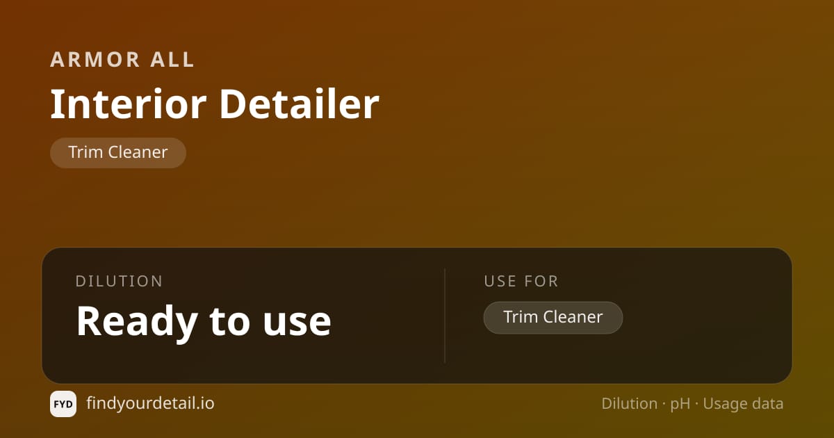 Armor All Interior Detailer dilution ratio and pH specification chart