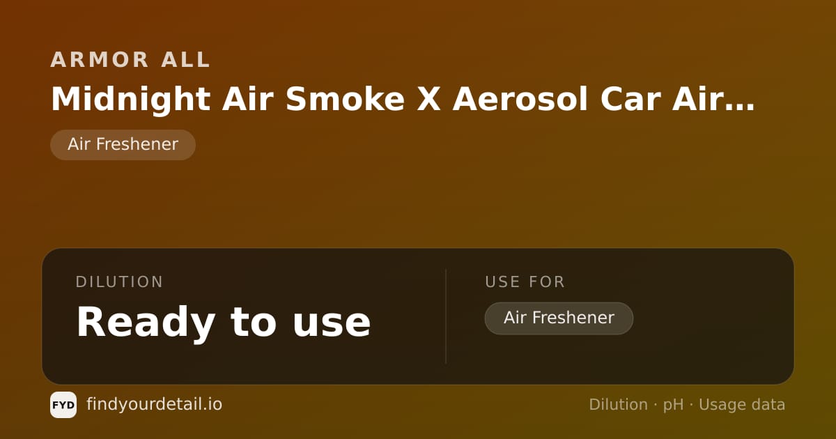 Armor All Midnight Air Smoke X Aerosol Car Air Freshener dilution ratio and pH specification chart