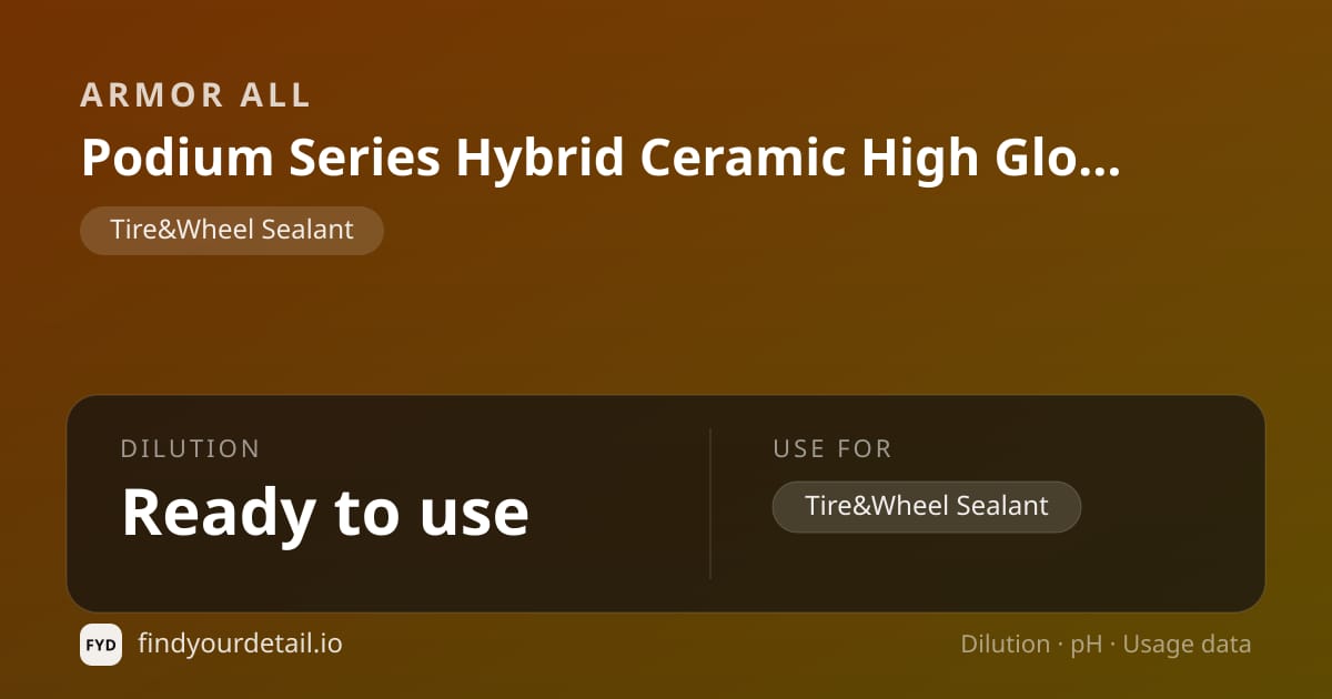 Armor All Podium Series Hybrid Ceramic High Gloss Tire Shine dilution ratio and pH specification chart
