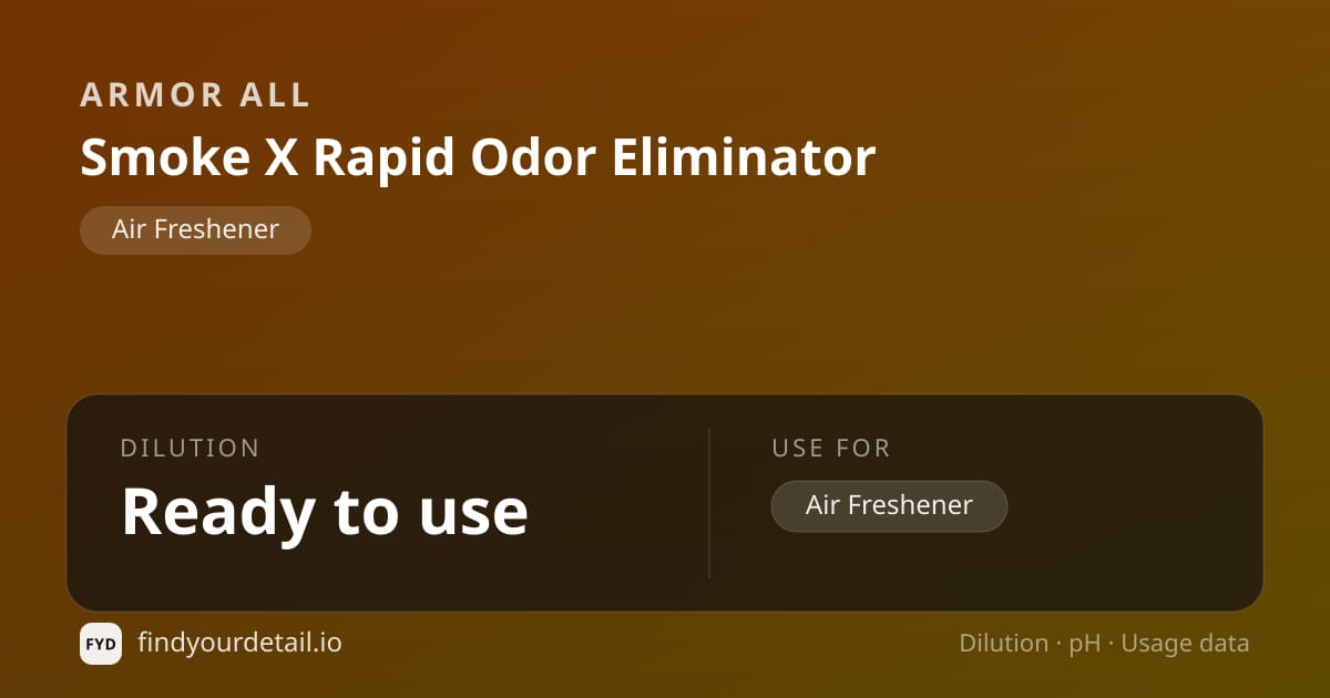 Armor All Smoke X Rapid Odor Eliminator dilution ratio and pH specification chart