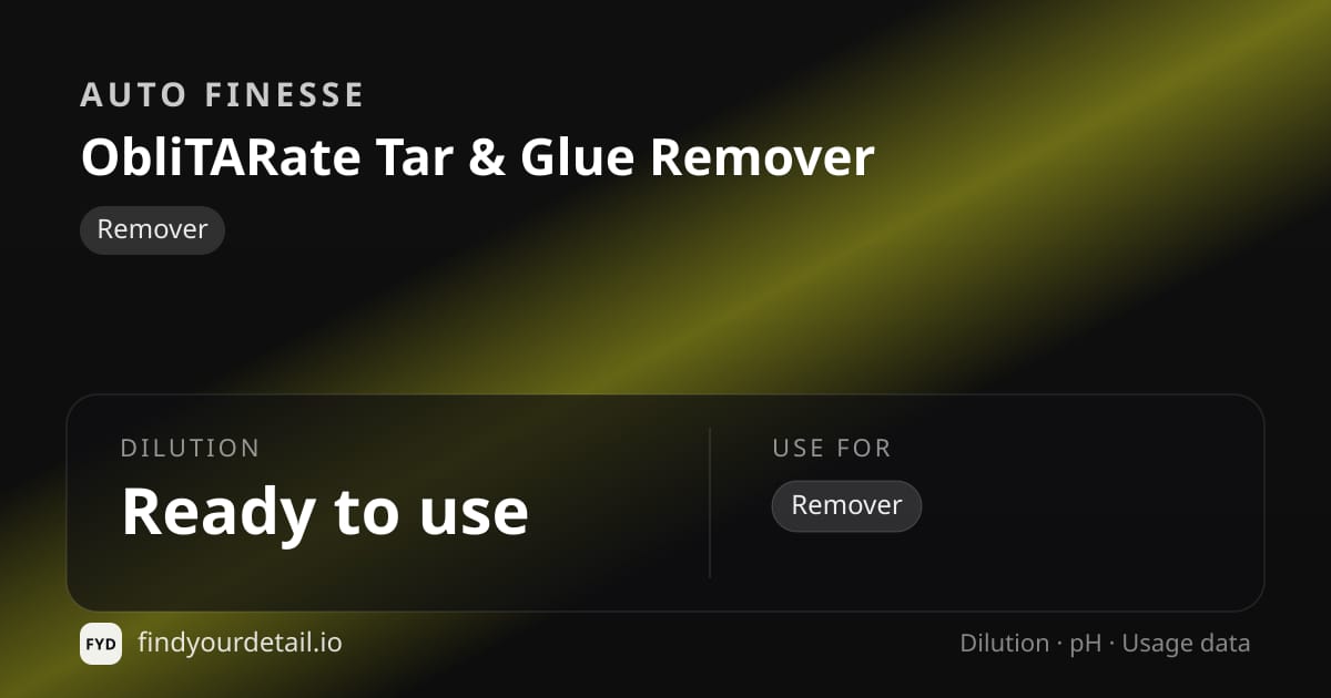 Auto Finesse ObliTARate Tar & Glue Remover dilution ratio and pH specification chart