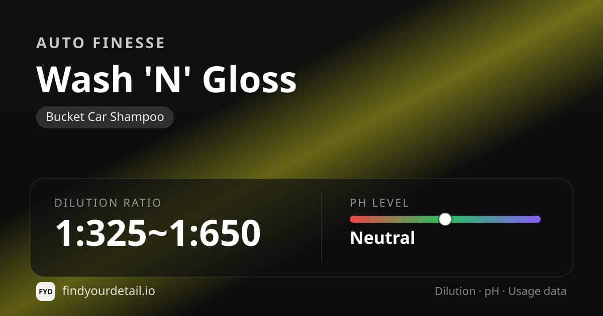 Auto Finesse Wash 'N' Gloss dilution ratio and pH specification chart
