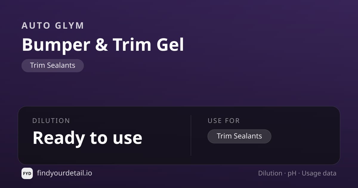 Auto Glym Bumper & Trim Gel dilution ratio and pH specification chart