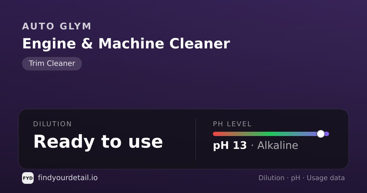 Auto Glym Engine & Machine Cleaner dilution ratio and pH specification chart