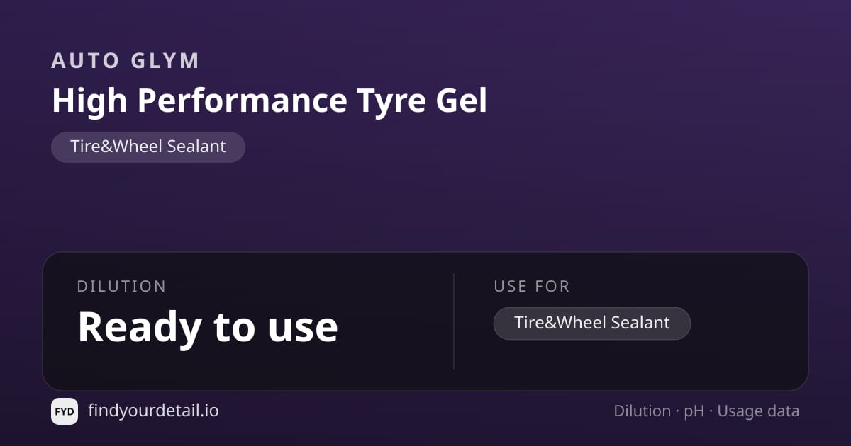 Auto Glym High Performance Tyre Gel dilution ratio and pH specification chart