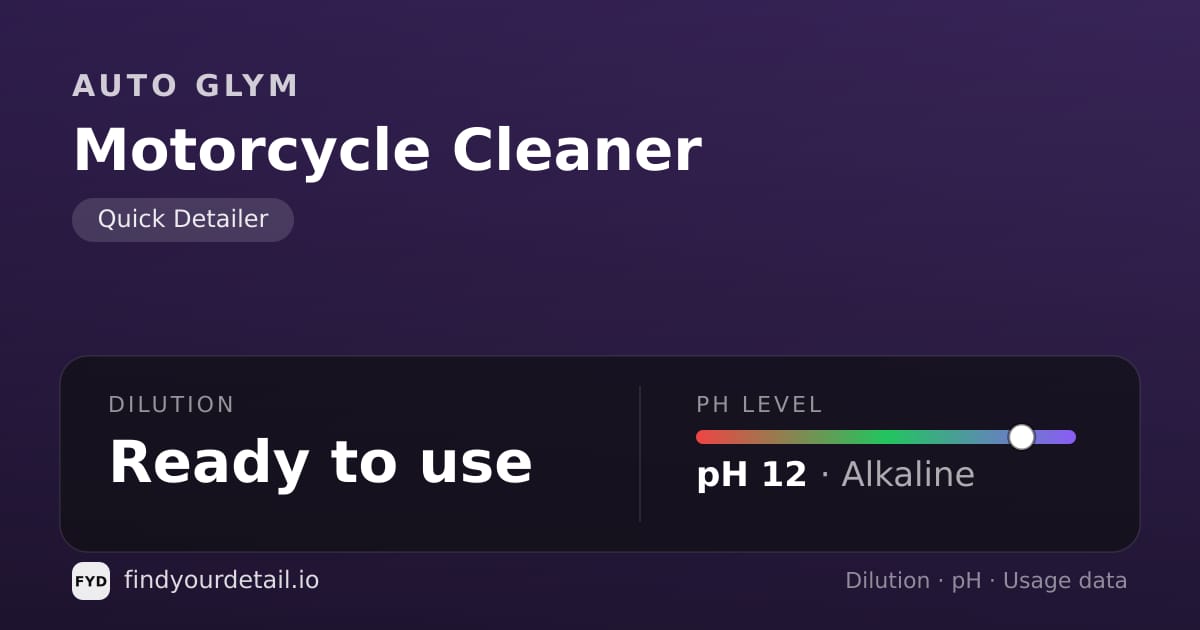 Auto Glym Motorcycle Cleaner dilution ratio and pH specification chart