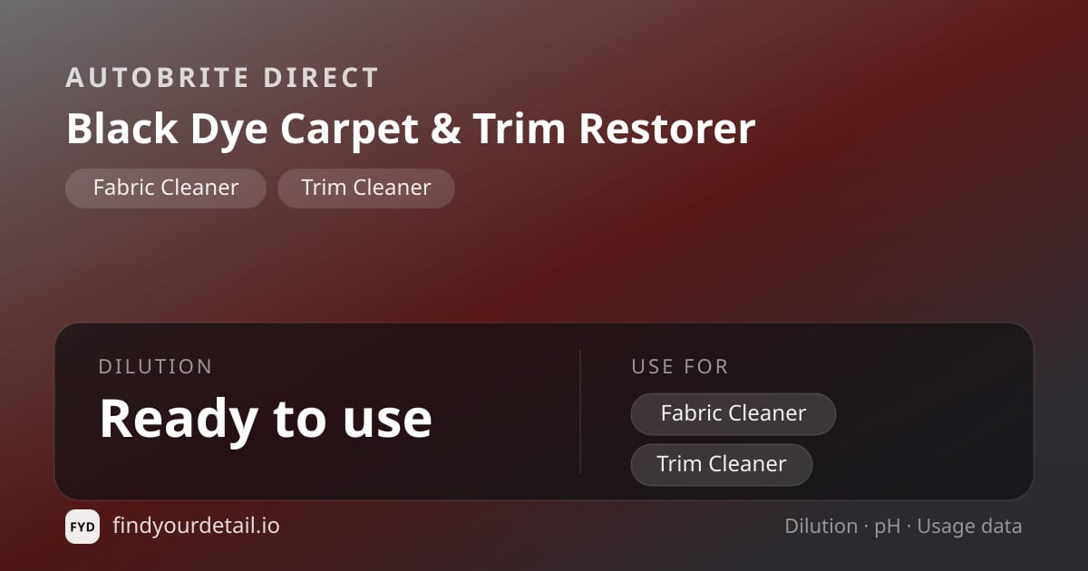 Autobrite Direct Black Dye Carpet & Trim Restorer dilution ratio and pH specification chart