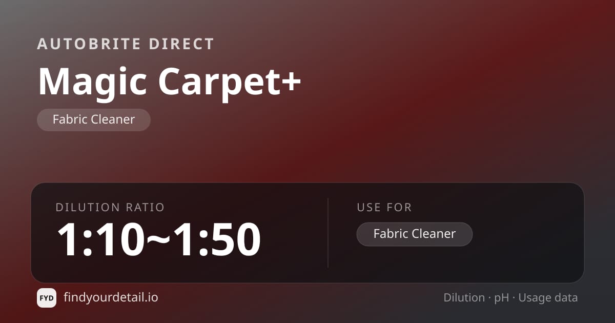 Autobrite Direct Magic Carpet+ dilution ratio and pH specification chart