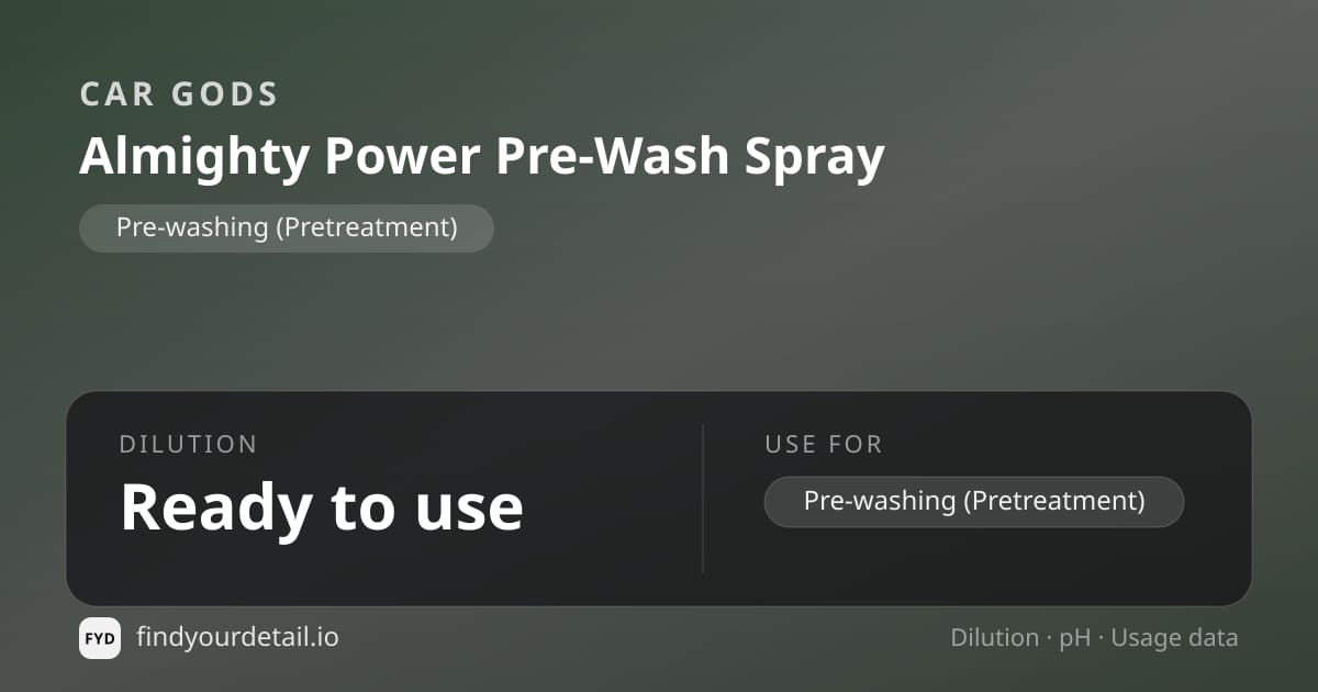 Car Gods Almighty Power Pre-Wash Spray dilution ratio and pH specification chart