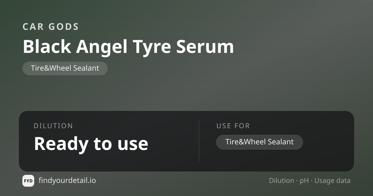 Car Gods Black Angel Tyre Serum dilution ratio and pH specification chart