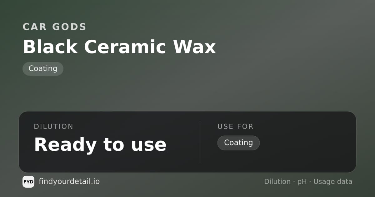 Car Gods Black Ceramic Wax dilution ratio and pH specification chart