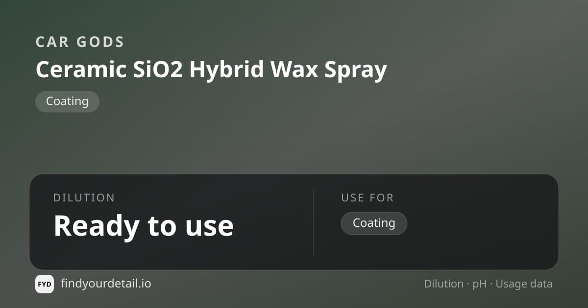 Car Gods Ceramic SiO2 Hybrid Wax Spray dilution ratio and pH specification chart