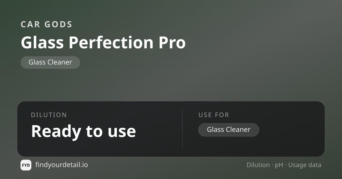 Car Gods Glass Perfection Pro dilution ratio and pH specification chart