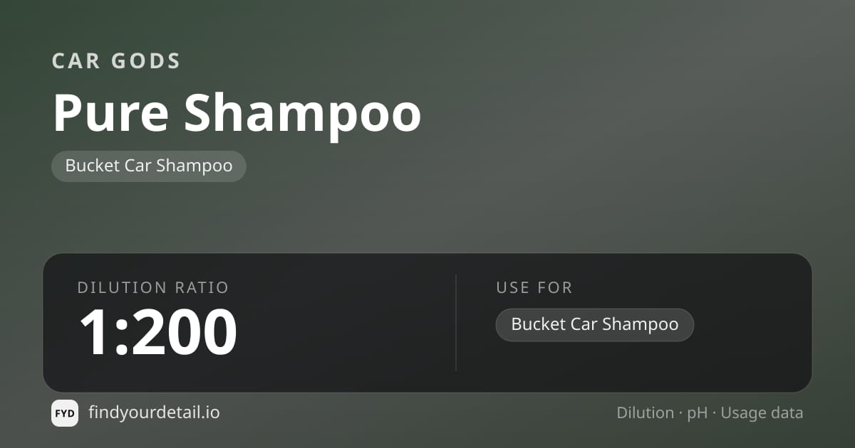Car Gods Pure Shampoo dilution ratio and pH specification chart