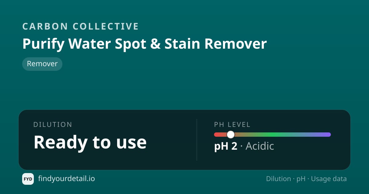 Carbon Collective 퓨리파이 워터 스팟 & 스테인 리무버 희석비 pH 스펙 카드