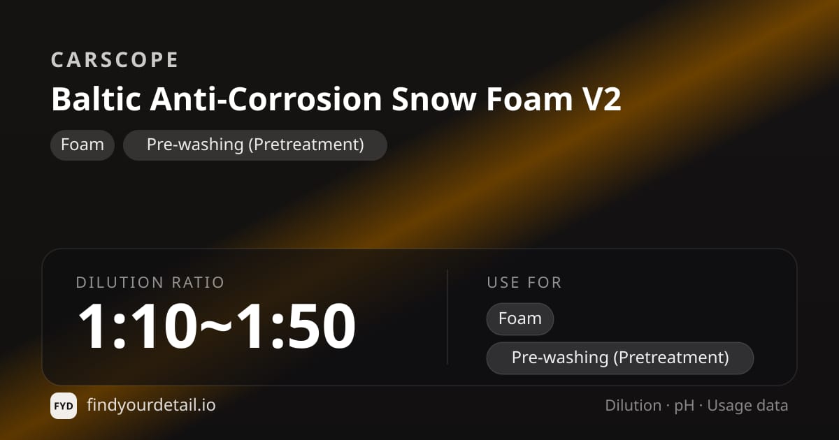 CARSCOPE Baltic Anti-Corrosion Snow Foam V2 dilution ratio and pH specification chart