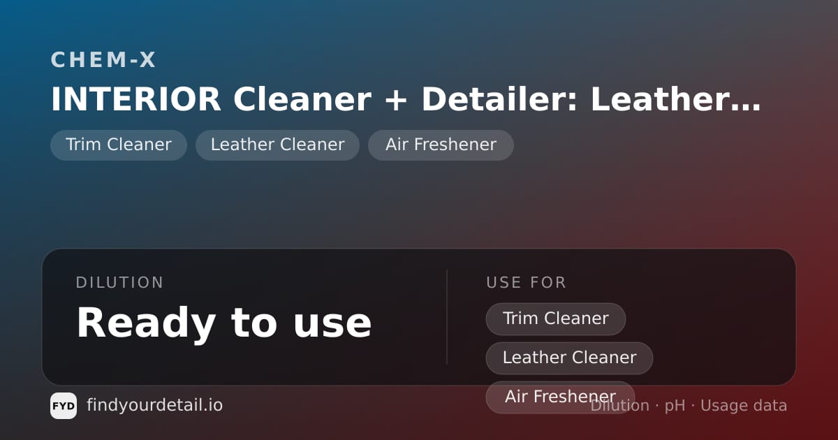 Chem-X INTERIOR Cleaner + Detailer: Leather Scent dilution ratio and pH specification chart