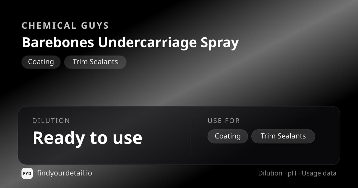Chemical Guys 베어본스 언더캐리지 스프레이 희석비 pH 스펙 카드