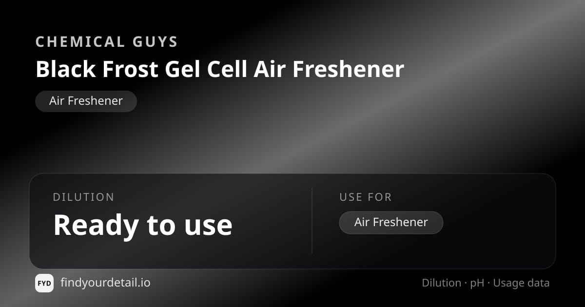 Chemical Guys Black Frost Gel Cell Air Freshener dilution ratio and pH specification chart