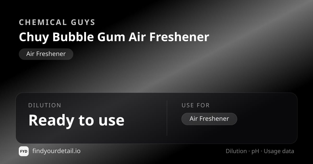 Chemical Guys Chuy Bubble Gum Air Freshener dilution ratio and pH specification chart