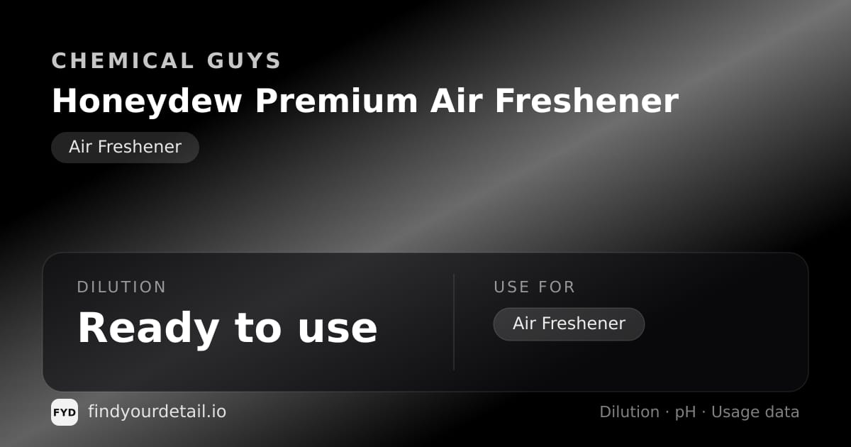 Chemical Guys Honeydew Premium Air Freshener dilution ratio and pH specification chart