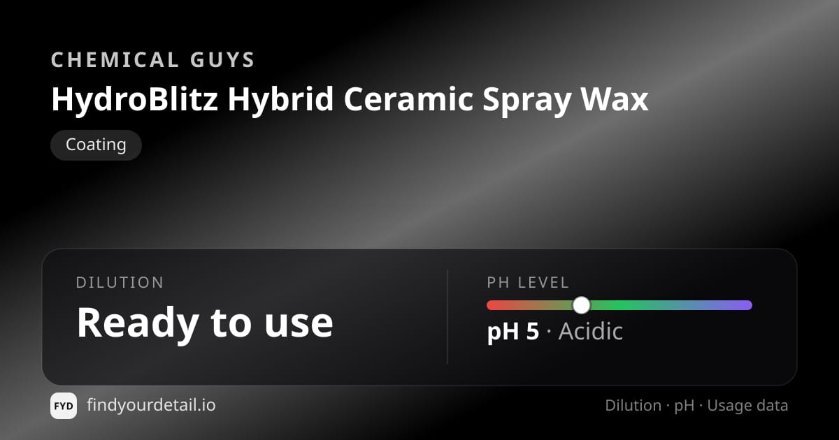 Chemical Guys 하이드로블리츠 하이브리드 세라믹 스프레이 왁스 희석비 pH 스펙 카드