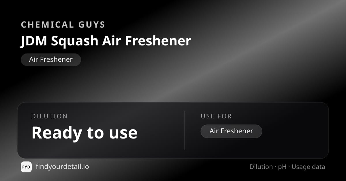 Chemical Guys JDM Squash Air Freshener dilution ratio and pH specification chart