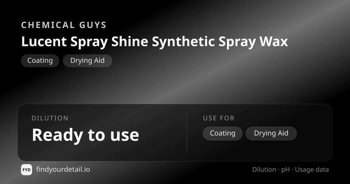 Chemical Guys 루센트 스프레이 샤인 신세틱 스프레이 왁스 희석비 pH 스펙 카드