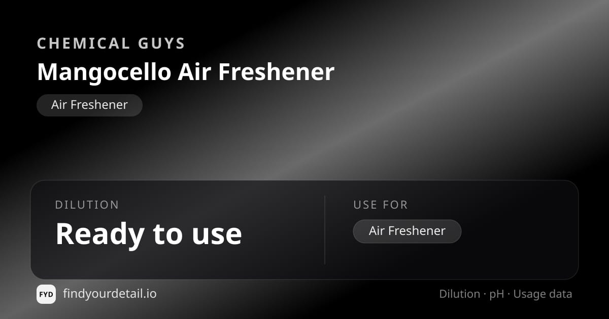 Chemical Guys Mangocello Air Freshener dilution ratio and pH specification chart