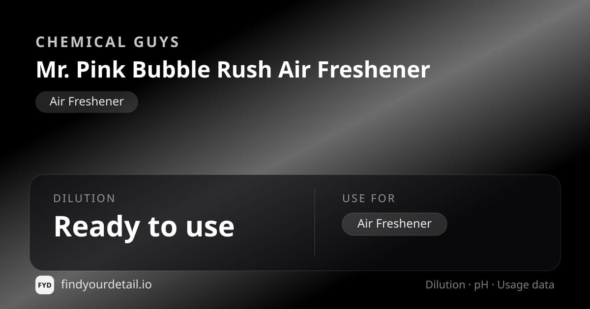 Chemical Guys Mr. Pink Bubble Rush Air Freshener dilution ratio and pH specification chart