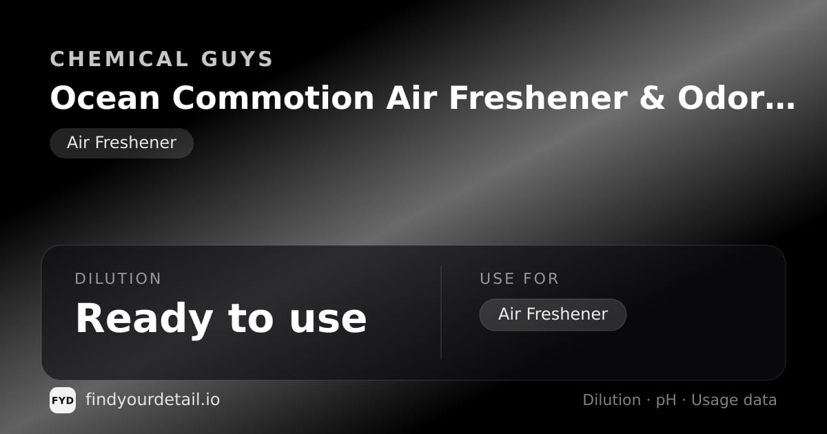 Chemical Guys Ocean Commotion Air Freshener & Odor Neutralizer dilution ratio and pH specification chart