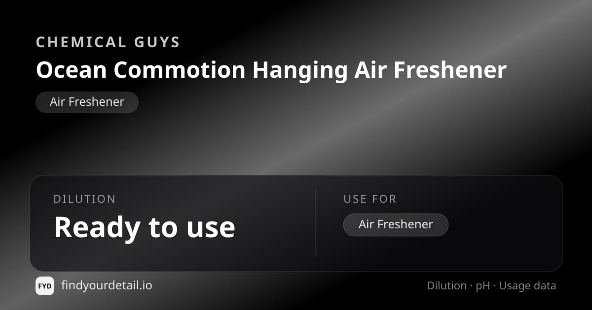Chemical Guys Ocean Commotion Hanging Air Freshener dilution ratio and pH specification chart